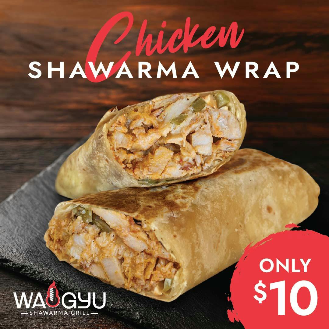 Two toasted chicken shawarma wraps